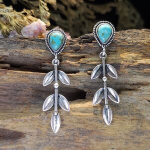 Boho Faux Blue Turquoise Leaf Teardrop Stud Dangle Earrings Silver Tone Pierced